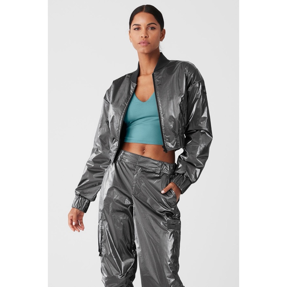 ALO Yoga Metallic Silver Bomber Jacket and pant set